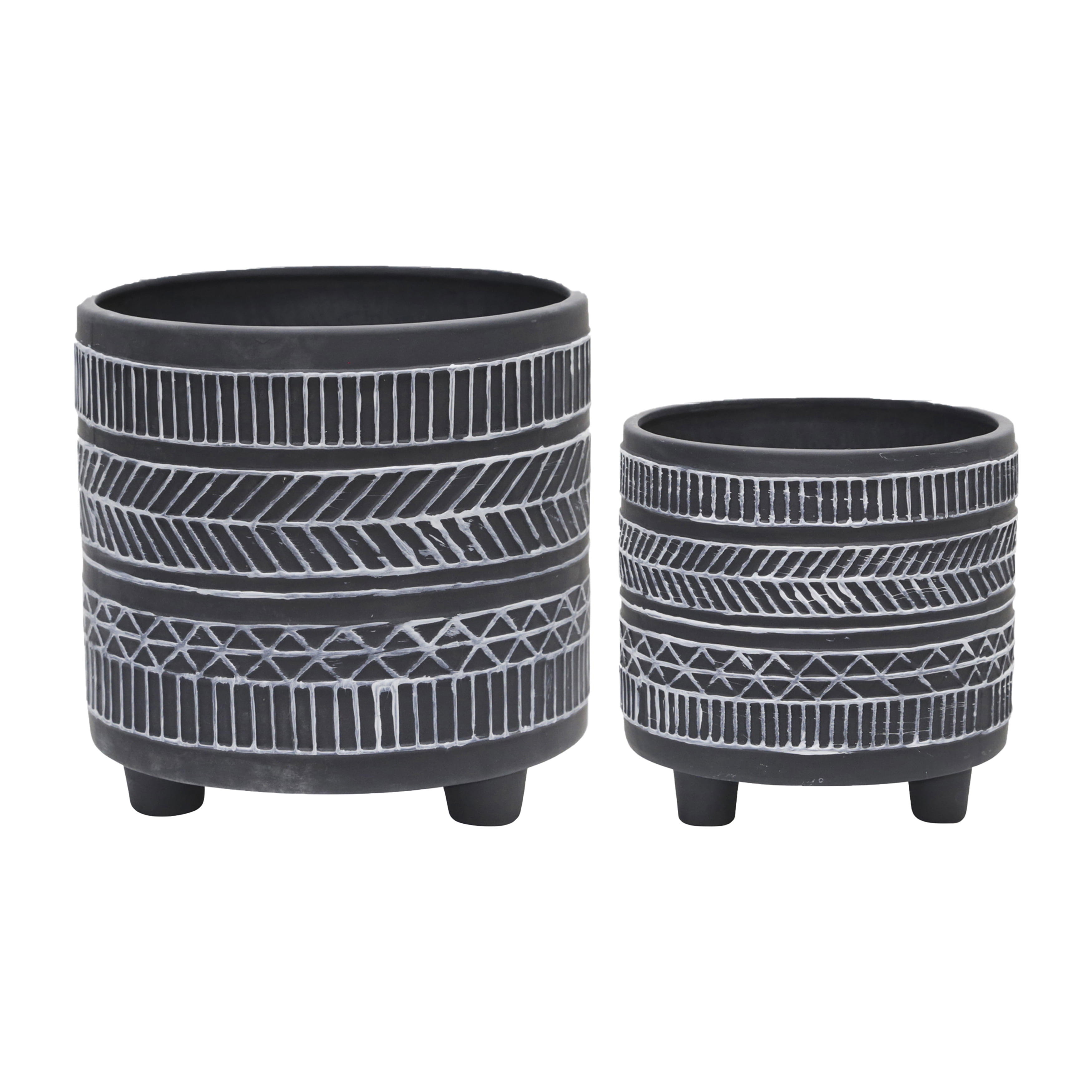 Black Tribal Ceramic Footed Planter Set, 6/8 Inch