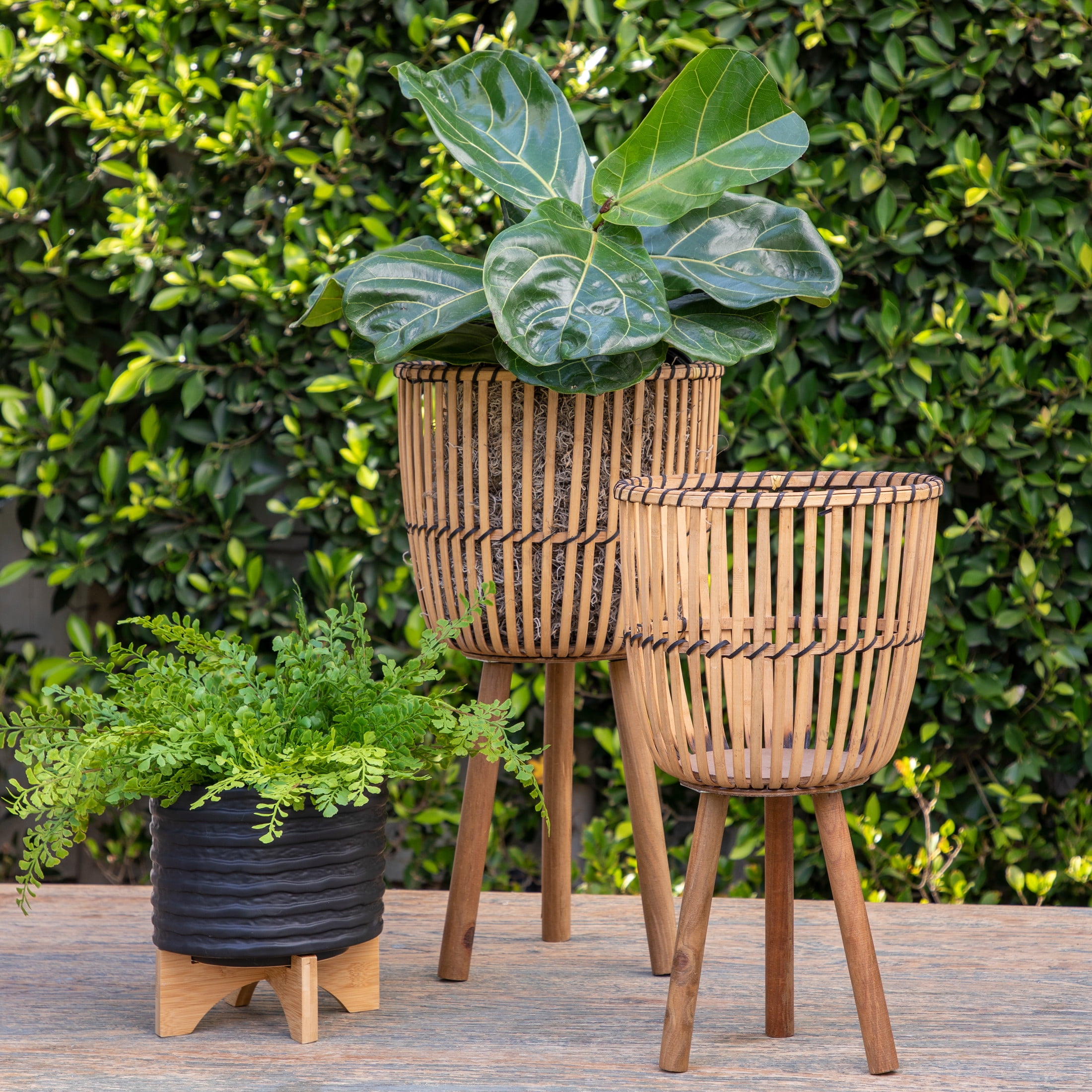 Natural Bamboo and Wood Tri-footed Planter Set for Indoor/Outdoor Decor