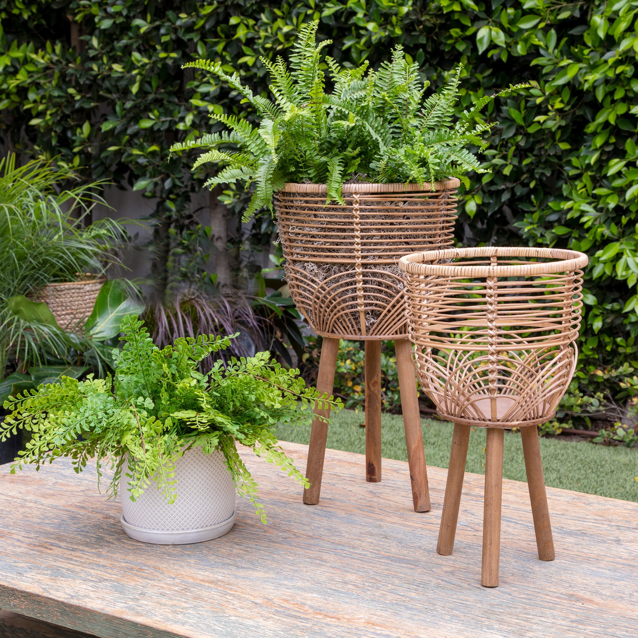 Natural Brown Bamboo and Rattan Wicker Planters with Stands, Set of 2