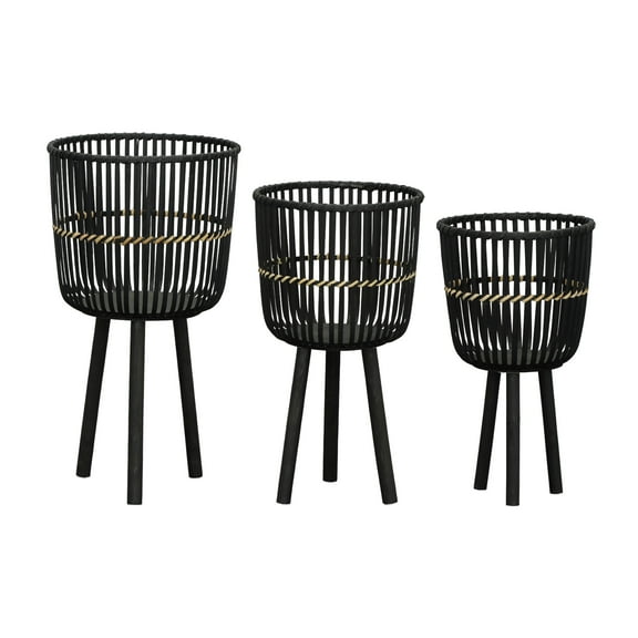 Sagebrook Home Set Of 3 Bamboo Footed Planters 11/13/15", Black, Round, Bamboo Wood, Contemporary, 15"L X 15"W X 27"H, Weave