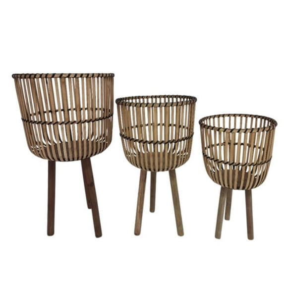Sagebrook Home Set Of 3 Bamboo Footed Planters 11/13/15", Natural, Novelty, Bamboo Wood, Contemporary, 26"H, Weave