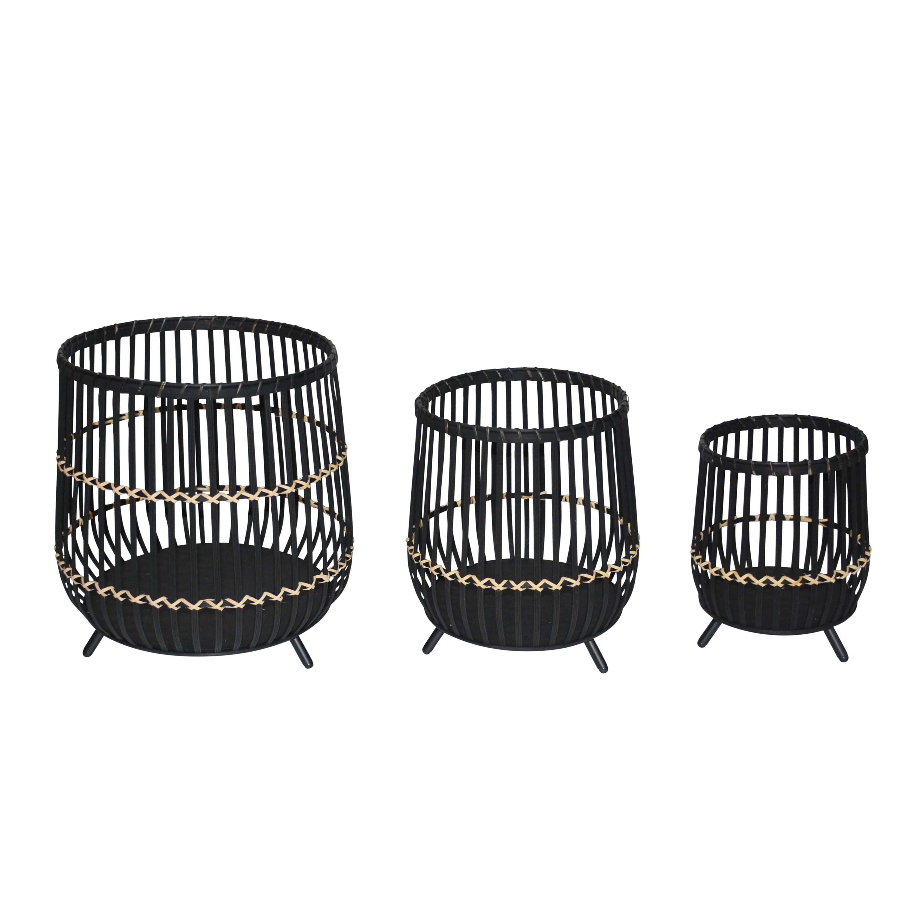 Short Bamboo Footed Planters for Home Decor - Decorative Indoor Plant Pots, Outdoor Planters, and Flower Pots - Modern Wood Plant Stand for Garden and Patio Decor - Set of 3, 19", 17", 13" Black