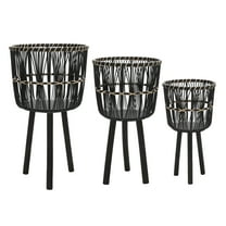 Set of 3 Wooden Planters on Stands - Modern Bamboo & Pine Wood Indoor/Outdoor Decorative Plant Holders for Home & Garden - Stylish Woven Baskets with Sturdy Legs; 26" Tall, Black