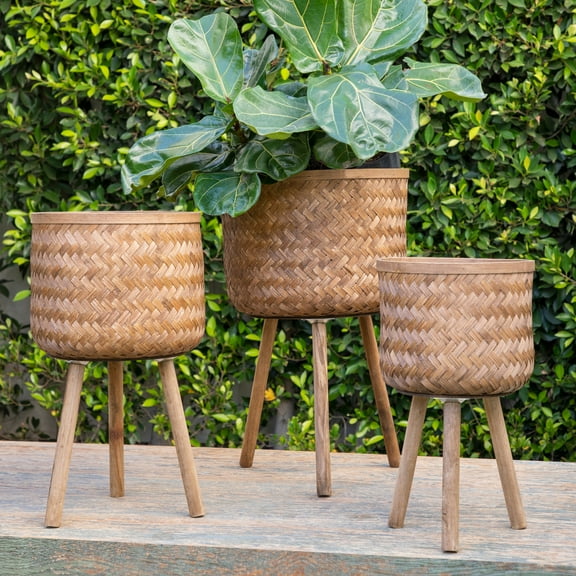 Set of 3 Wooden Planters with Stands - Bamboo & Pine Plant Pots, Handwoven Brown Design, Indoor & Outdoor Use for Home, Garden, Patio - Modern Decorative Flower Holders,22", 26" &  29" H