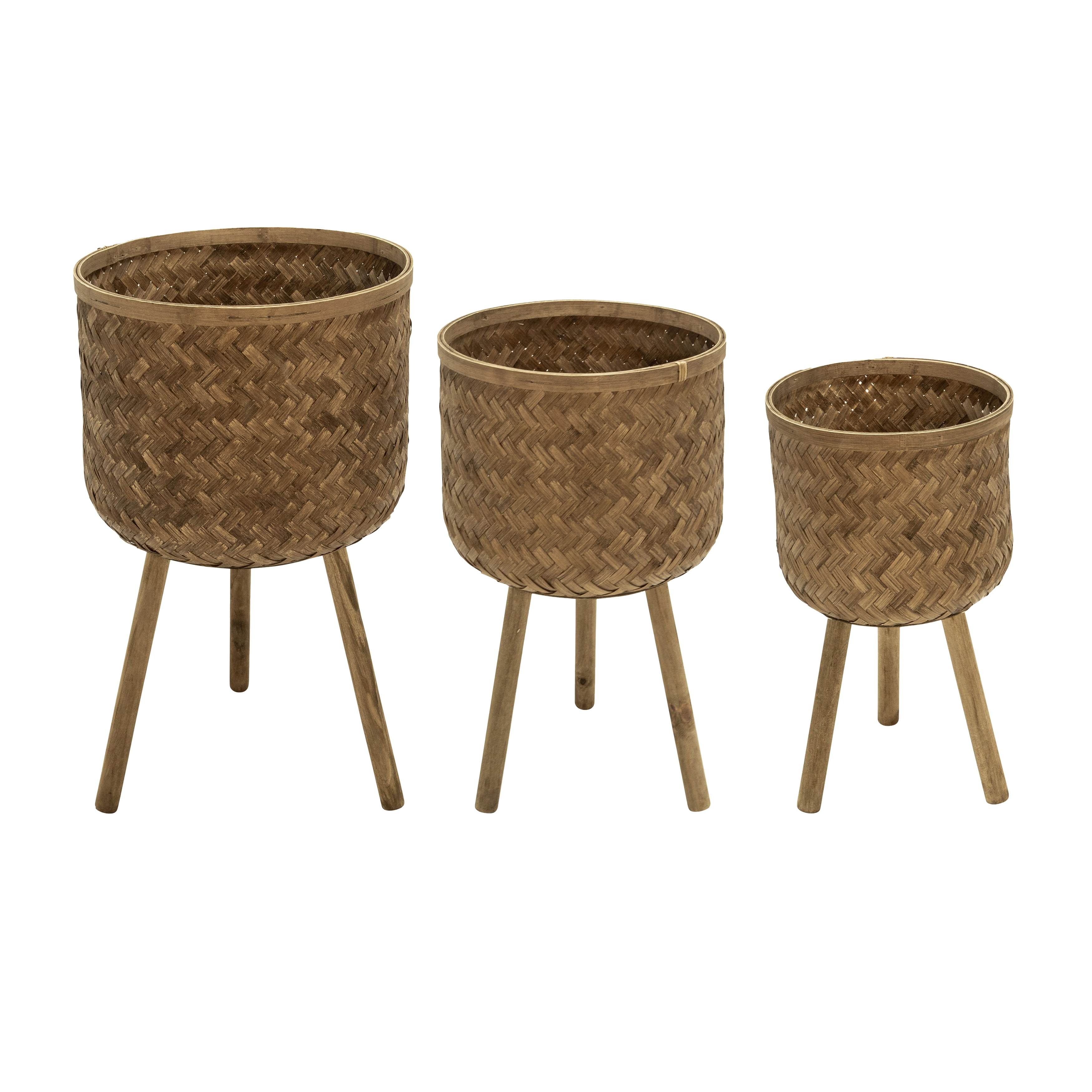 Set of 3 Brown Bamboo Wood Planters with Weave Design