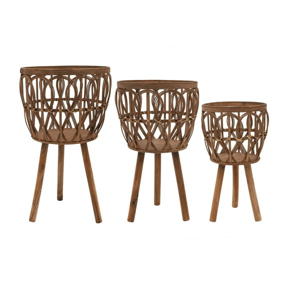 Set of 3 Wooden Planters with Stands - Decorative Plant Holders for Indoor & Outdoor Use - Rustic Woven Design - Modern Boho Wooden Plant Stand for Home, Patio, or Garden - Brown, 11 /15/19"