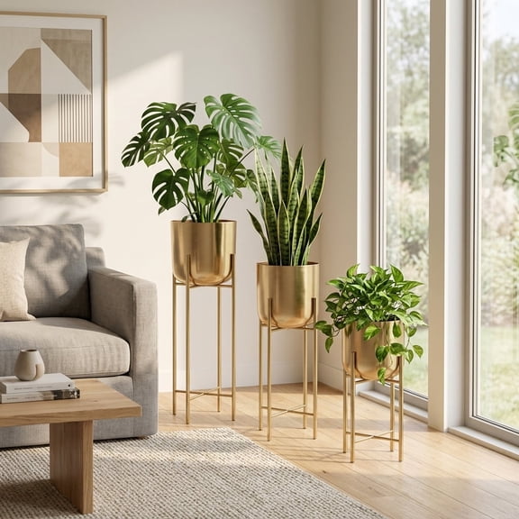 Cylinder Flower Pots on Stands for Home Decor - Metal Planters for Indoor and Outdoor Plants - Modern Plant Pots for Living Room, Entryway, or Garden - Set of 3, 39", 29", 20", Gold & Metallic