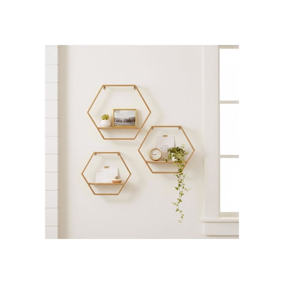 Hexagon Wall Mounted Shelves with Wood and Metal Frame - Hanging Storage Organizer for Bedroom, Living Room, and Office - Wall Shelf for Home Decor - Set of 3, 14", 12", 11", Gold & Metallic