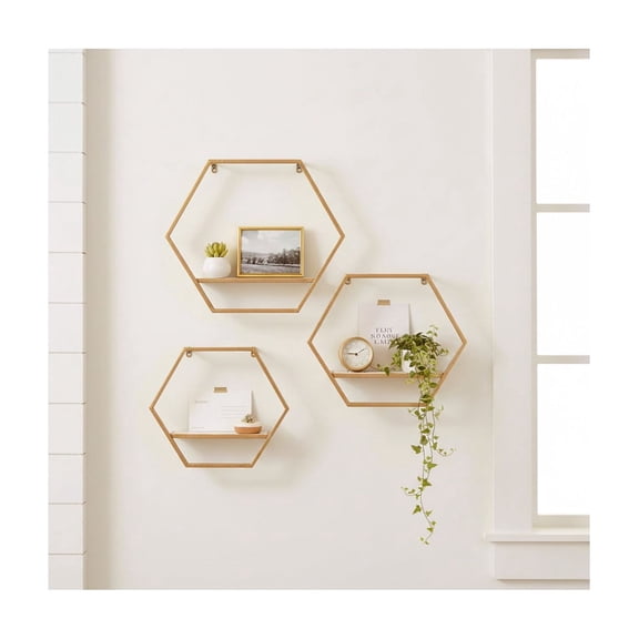 Hexagon Wall Mounted Shelves with Wood and Metal Frame - Hanging Storage Organizer for Bedroom, Living Room, and Office - Wall Shelf for Home Decor - Set of 3, 14", 12", 11", Gold & Metallic