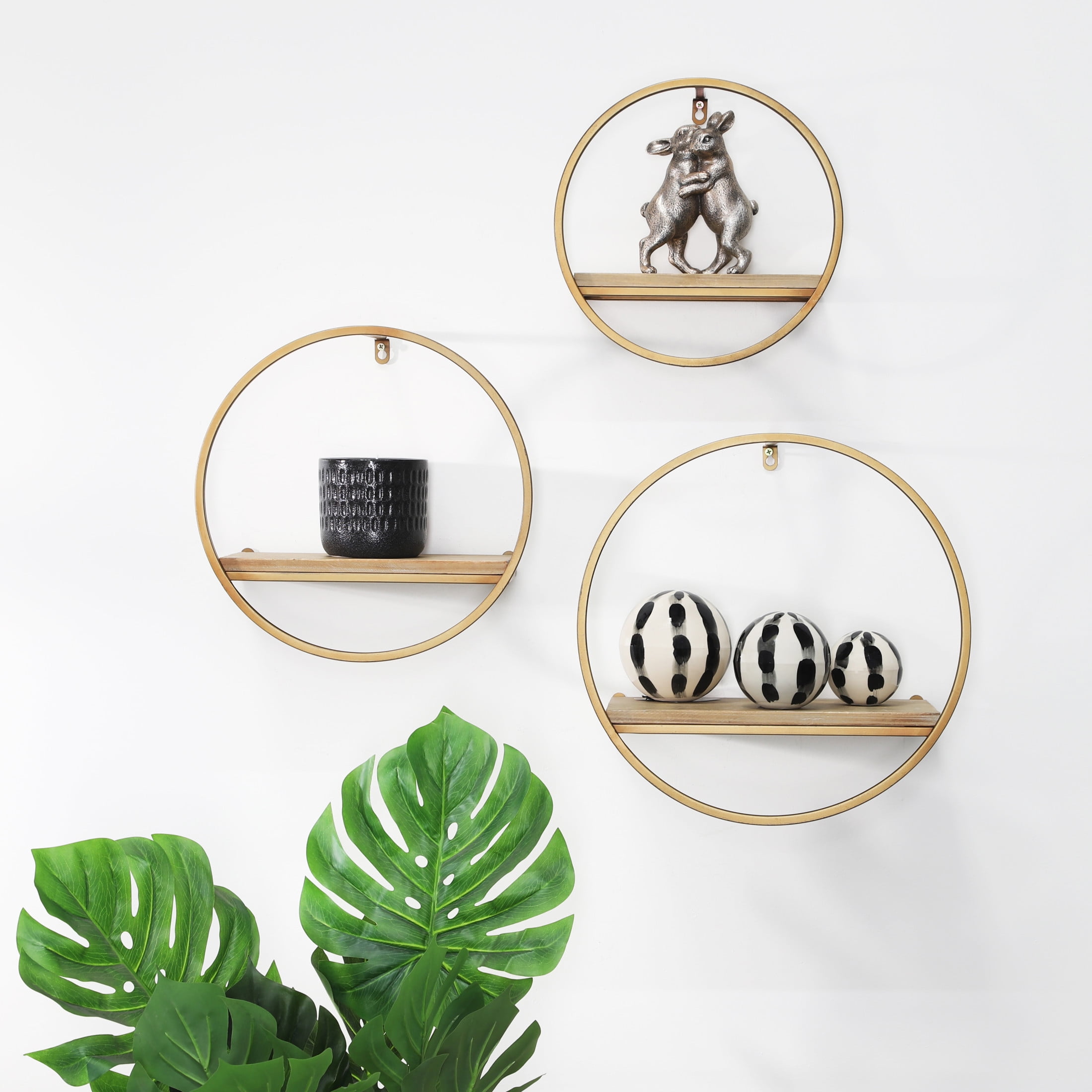 Set of 3 Bronze Metal and Wood Circular Wall Shelves
