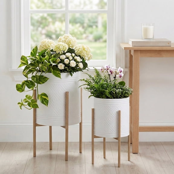 Decorative Flower Pots with Metal Stand for Home Decor - Modern Planters for Hallway, Entryway, and Living Room Decor - Indoor and Outdoor Pots for Plants Styling - Set of 2, 23", 19", White & Gold