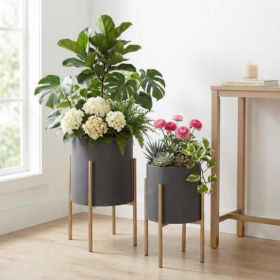 Decorative Flower Pots with Metal Stand for Home Decor - Modern Planters for Hallway, Entryway, and Living Room Decor - Indoor and Outdoor Pots for Plants Styling - Set of 2, 23", 19", Gray & Gold