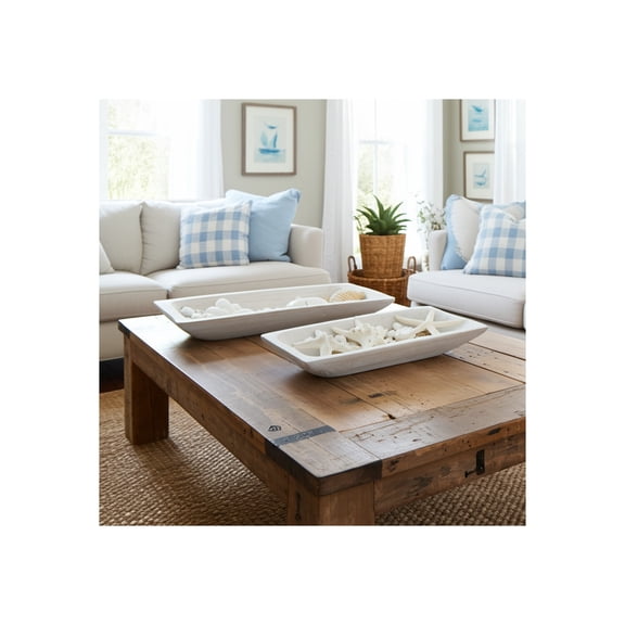 Rectangular Wooden Decorative Bowl for Kitchen Counter - Modern Home Accent for Coffee Table, Cabinet, and Office Desk - Ideal for Keys, Candy, and Small Items - Set of 2, 3", 2", White