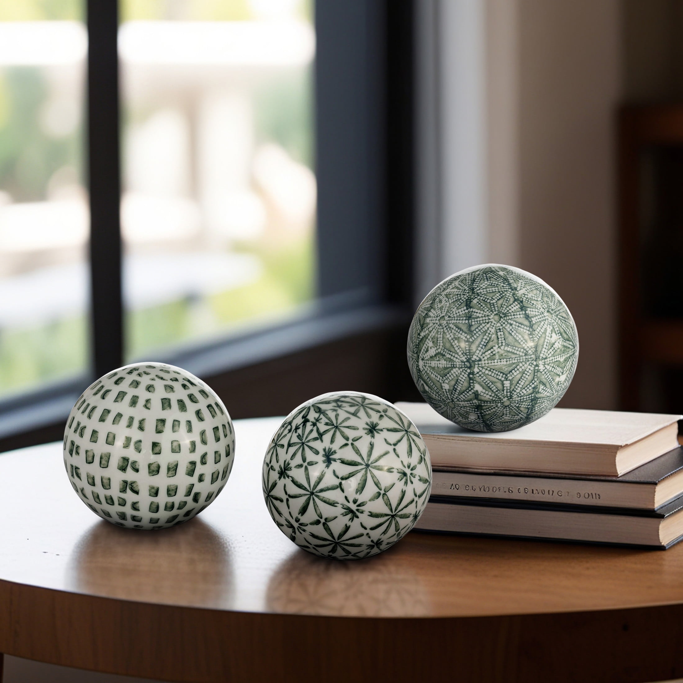 Set of 3 Green and White Ceramic Decorative Orbs