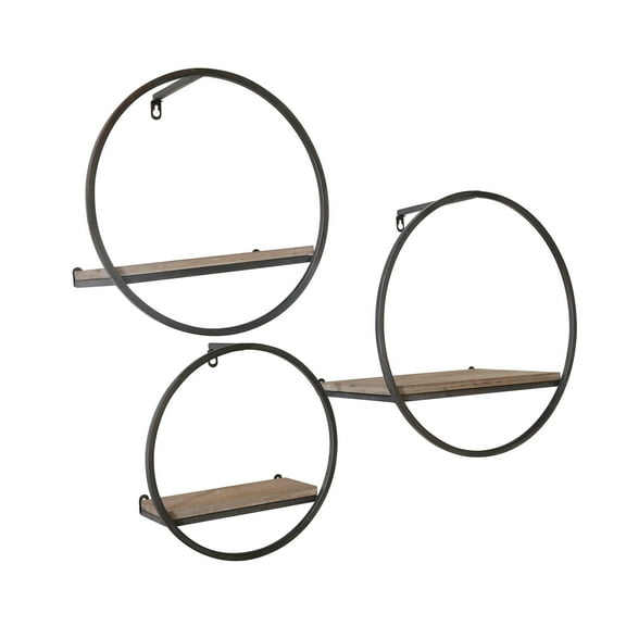 Sagebrook Home Set of 3 Floating Metal Wood Wall Shelves, Storage and Display, Iron and Brown, 16 L x 16 W x 8 H Inches