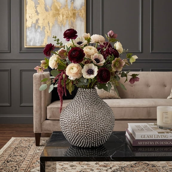 Modern Ceramic Vase with Spiked Finish for Living Room Decor and Home Accents - Decorative Flower Vase for Room, Bedroom or Office Decor - Perfect for House and Table Centerpiece - 10", Silver