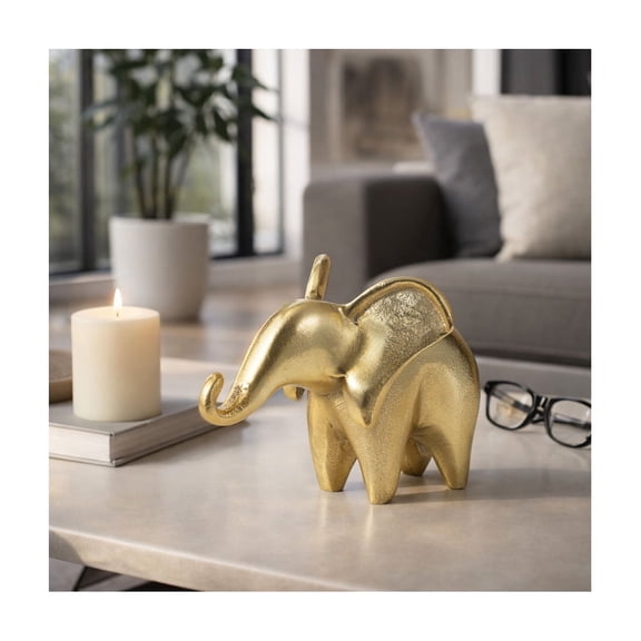 Elephant Trunk Up for Home Decor - Modern Figurine for Bathroom, Office, Room or Living Room - Metal Sculpture Ornament for Shelf, Mantel, or Coffee Table Styling in Boho Style - 6", Gold