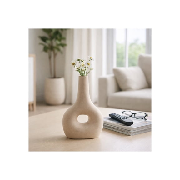 Modern Ceramic Vase with Open Cut-Out Design for Living Room Decor - Decortive Flower Vase for Home Accents, Bedroom, or Office Decor - Ideal for House and Entryway Table Display - 9", Ivory & Tan