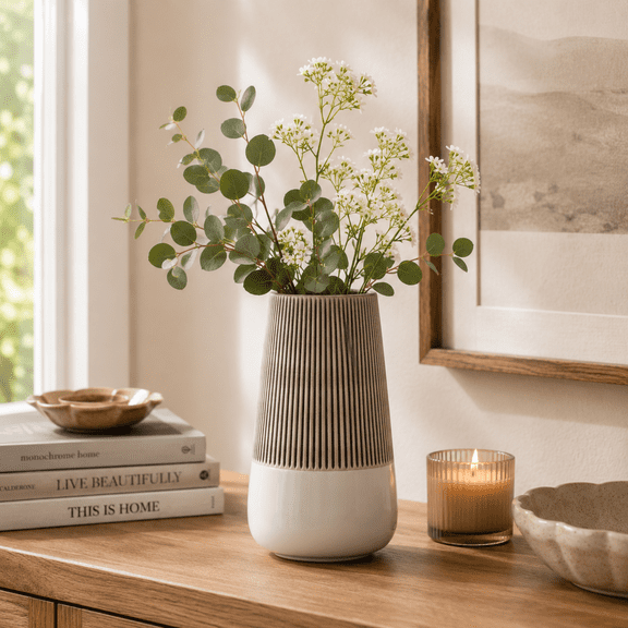 Sagebrook Home Stoneware Ceramic Vase for Home Decor - Textured Flower Accent Design for Office, Living Room, Bedroom - 10", Ivory & Black