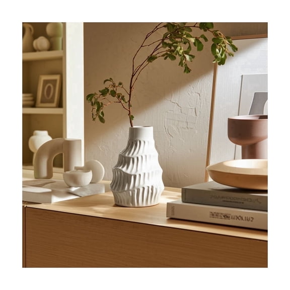 Textured Stoneware Vase - Modern Decorative Flower Vase for Home & Office Decor - 6" White