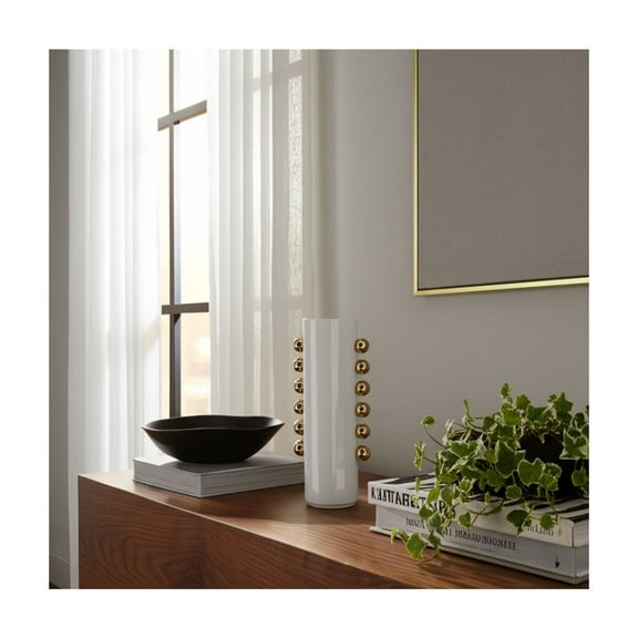 Modern Stoneware Vase with Accents - Decorative Cylinder Flower Vase for Home, Office & Living Room - 16" White & Gold