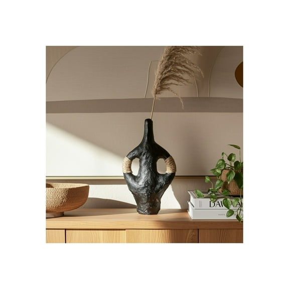 Boho Terracotta Vase with Woven Rope Accents - Handcrafted Decorative Pottery for Home, Office, Bedroom & Living Room - 14" Black