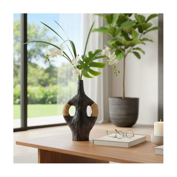 Terracotta Vase with Twine Double Handle for Living Room Decor - Decorative Flower Vase for Bedroom, Office Desk, and House Display - Home Decor Accent for Console Table - 14", Black & Tan