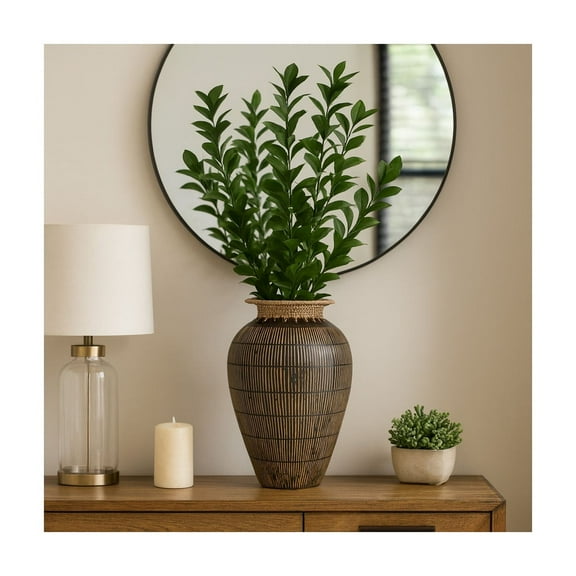 Ceramic Vase for Living Room Decor – Terracotta Vase with Woven Rattan Neck Perfect for Bedroom, Office, or Table Centerpiece – A Home Decor with Rustic Texture and Modern Style – 19" Black & Brown