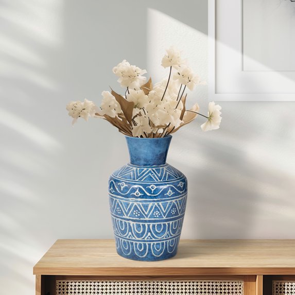 Terracotta Decorative Vase - Handcrafted Pottery with Geometric Pattern - Ceramic Home Accent for Living Room, Bedroom, Office - Rustic Boho Style - 12" Blue