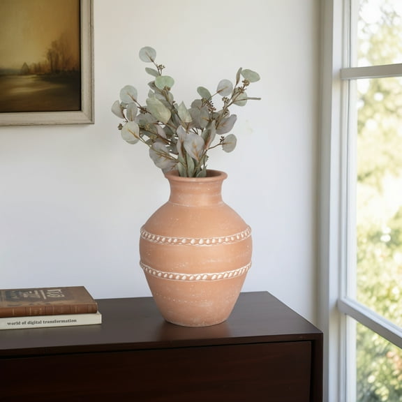 Terracotta Pottery Vase - Handcrafted Rustic Decorative Flower Vase for Home & Office - Casual Home Style for Bedroom, Living Room, or Tabletop - 14" Red & Orange