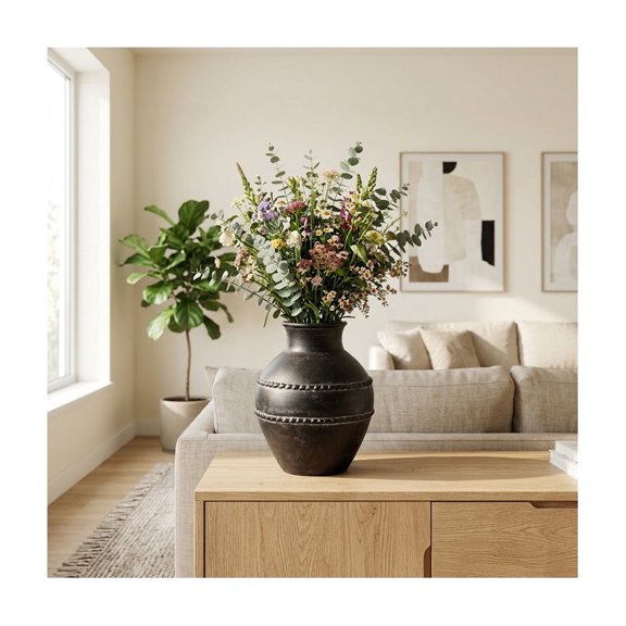 Modern Terracotta Vase for Living Room Display - Decorative Flower Vase for Home and Room Arrangement - Elegant Accent for Bedroom, House, Office Styling and Table Decoration - 14", Black