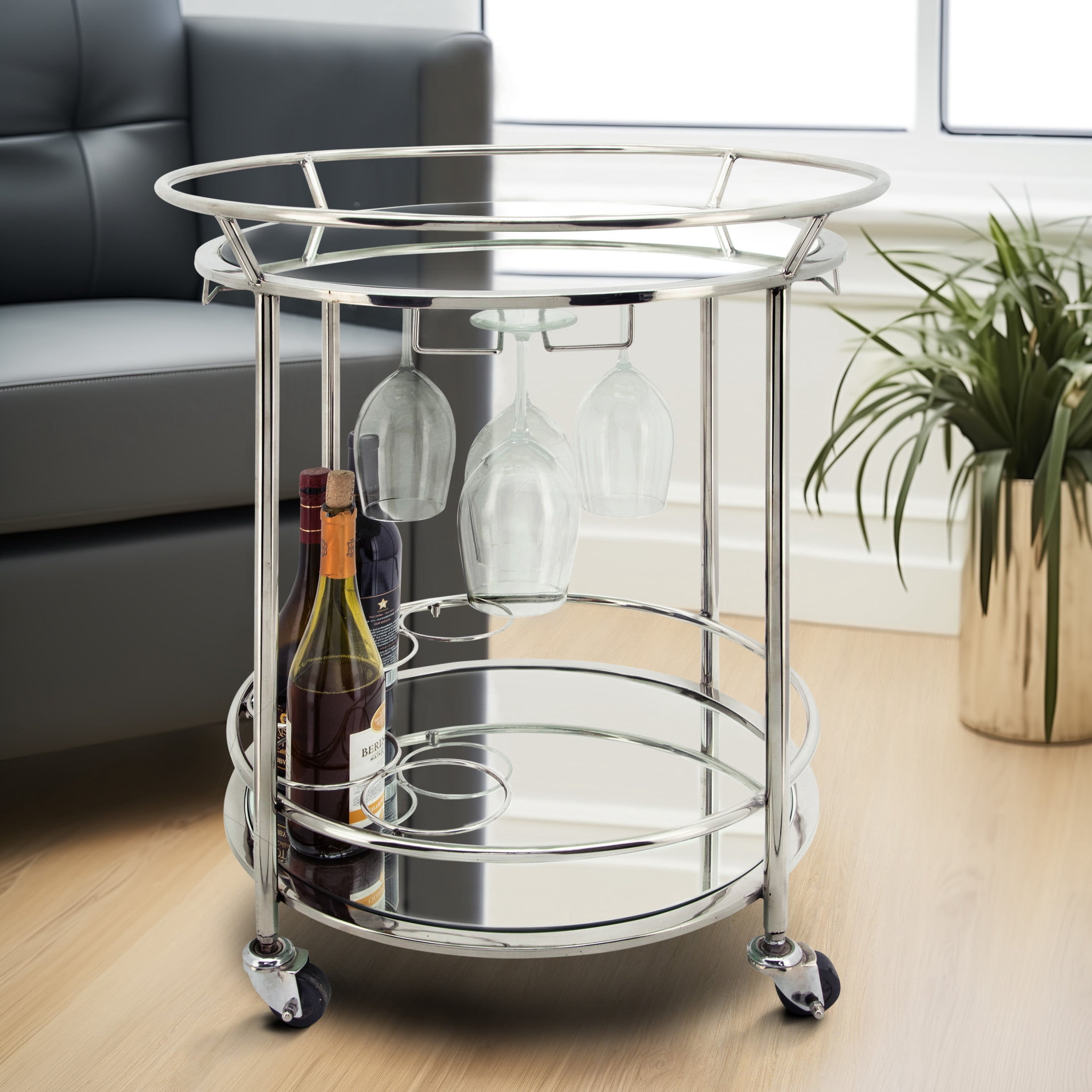 Sagebrook Home Two Tier 27"H Round Rolling Bar Cart, Round, 27"H, Solid ...