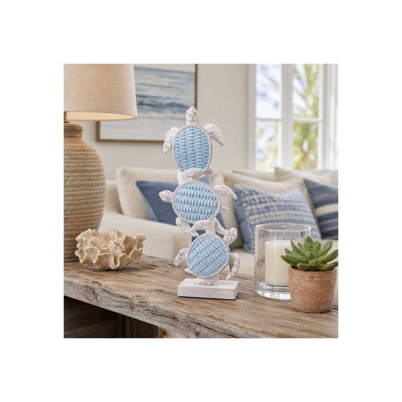 Sagebrook Home Vertical Stack Turtle Figurine for Home Decor - Coastal Turtle Figurine Accent for Book Shelf, Bathroom, and Living Room - 16", Blue & White