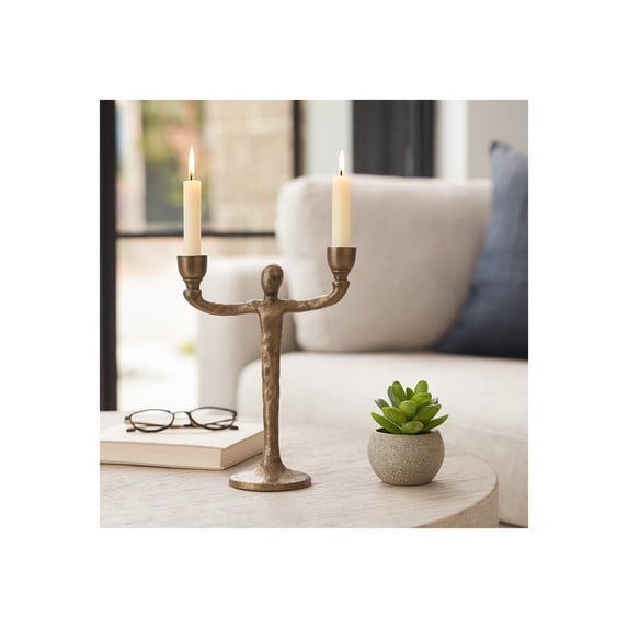 Decorative Metal Taper Candle Holder for House Decor - Artistic Figurine Candlestick Holder for Mantel, Bookcase Accent, or Console Decor - Modern Candle Stand Centerpiece for Tables - 12", Gold