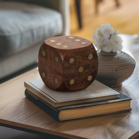 Modern Wooden Decorative Dice - Handcrafted Wood and Metal Home Accent - Contemporary Brown Display for Living Room, Office, or Bedroom - 5" Brown