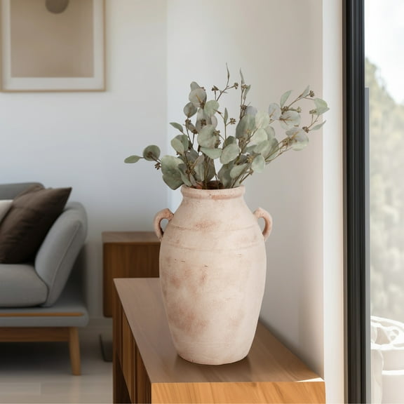 Rustic Pottery Terracotta Vase with Handles Handmade Casual Home Accent Decorative Vessel Modern Organic Texture Clay Ceramic Jar Styled Decor Piece for Display Shelf Entryway or Living Room