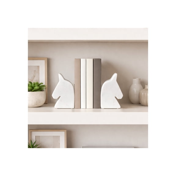 Decorative Marble Horse Head Bookends and Book Ends for Office Decor - Modern Bookshelf Decor Accent as Desk Display - Sculptural Book Accessories for Home Library Display - Set of 2, 6", White
