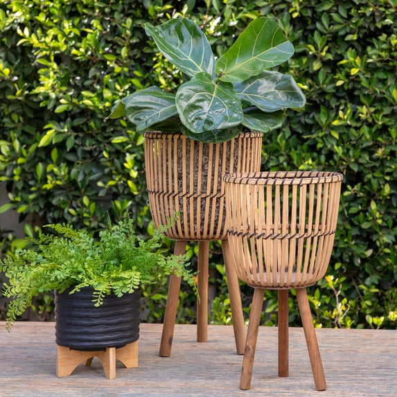 Sagebrook Home Wicker Modern Boho Bamboo Planter Set