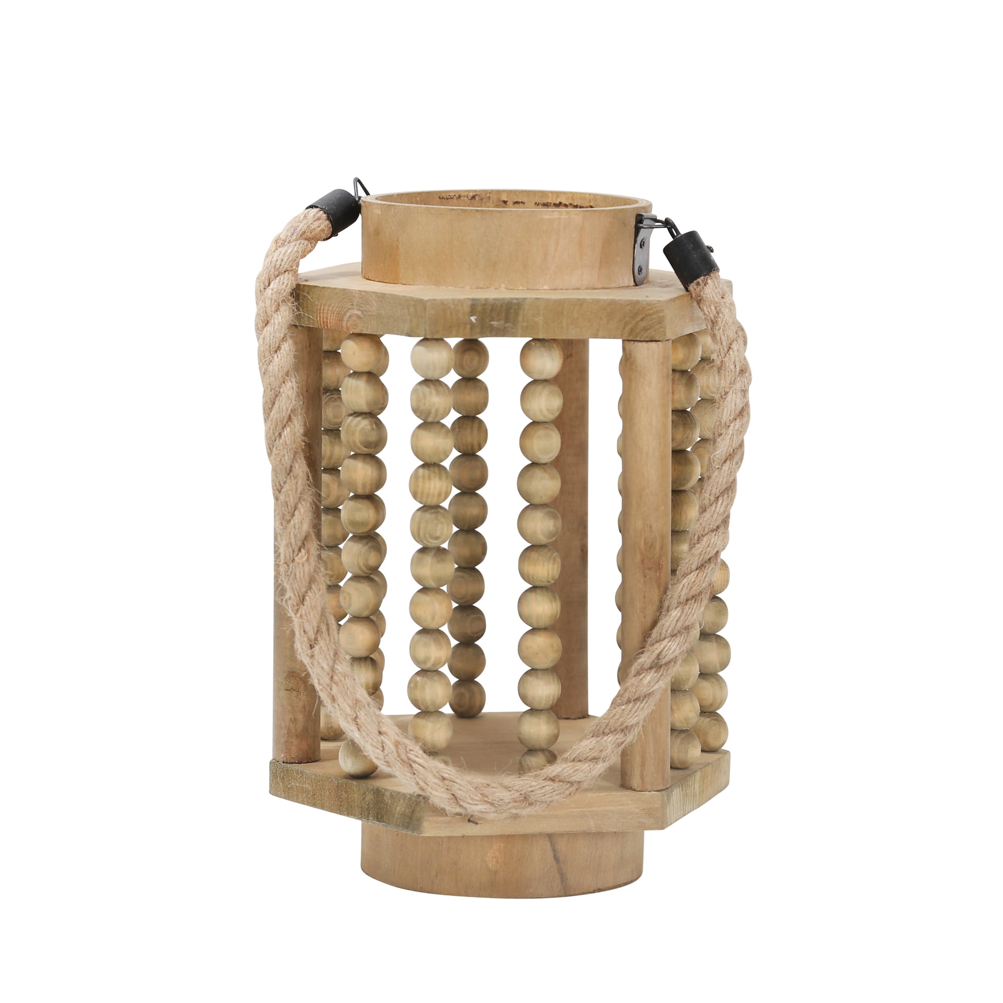 Natural Brown Wooden Hanging Candle Lantern with Rope Handle