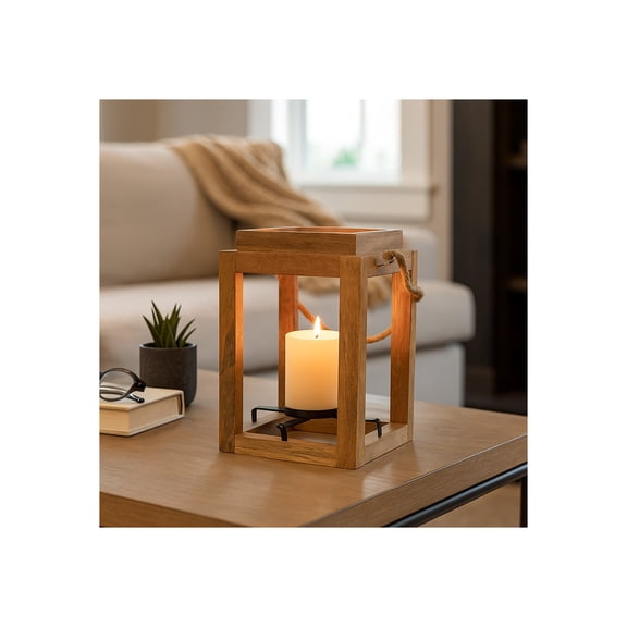 Decorative Open Lantern Candle Holder with Rope Handle - Casual Pillar Candlestick Holder for Indoor and Outdoor Decor - Stylish Centerpiece for Tables, Entryway, or Living Room Decor - 11", Brown