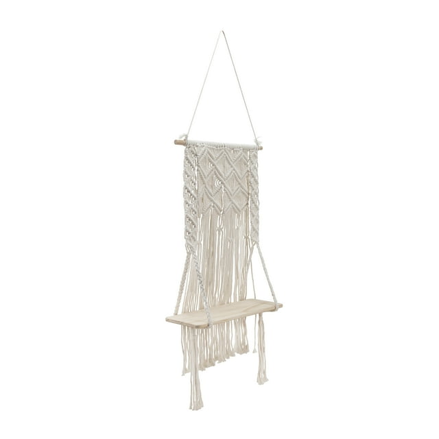 Sagebrook Home Wood, 18" Macrame Wall Shelf, Ivory, Rectangle, Jute, Contemporary, 20"L X 6"W X 18"H, Solid Color