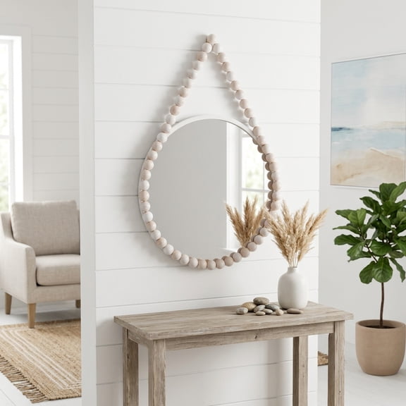 Decorative Beaded Boarder Strap Mirror for Console Table - Stylish Wall Mirror Accent for Bedroom, Living Room, and Home Entryway Decor - 36", White