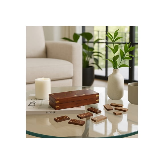 Classic Dominoes Tabletop Game Box - Decorative Game for Family Gatherings or Parties, Coffee Table, and Living Room Decor Game - Styled with Home, Office, and Shelf Decor Accents - 2", Brown