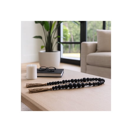 Home and Office Ornament for Bathroom Decor - Bohemian Wooden Beads with Tassels and Mixed Shapes - Decorative Garland Ideal for Living Room, Bedroom, Coffee Table, or Shelf Decor - 2" Black & Brown