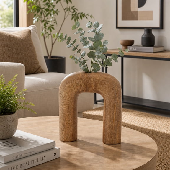 Arch Vase for Living Room Decor - Mango Wood Horseshoe Design Flower Vase for House, Bedroom and Room Decoration - Modern Home Accent for Office Shelf, Entryway and Table Display - 10", Brown