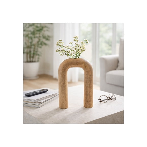 Arch Vase for Living Room Decor - Mango Wood Flower Vase for Home, Bedroom and Office Table Display - Horshoe Shaped Accent for Kitchen Counter, Mantel, and Console Centerpiece - 11", Brown