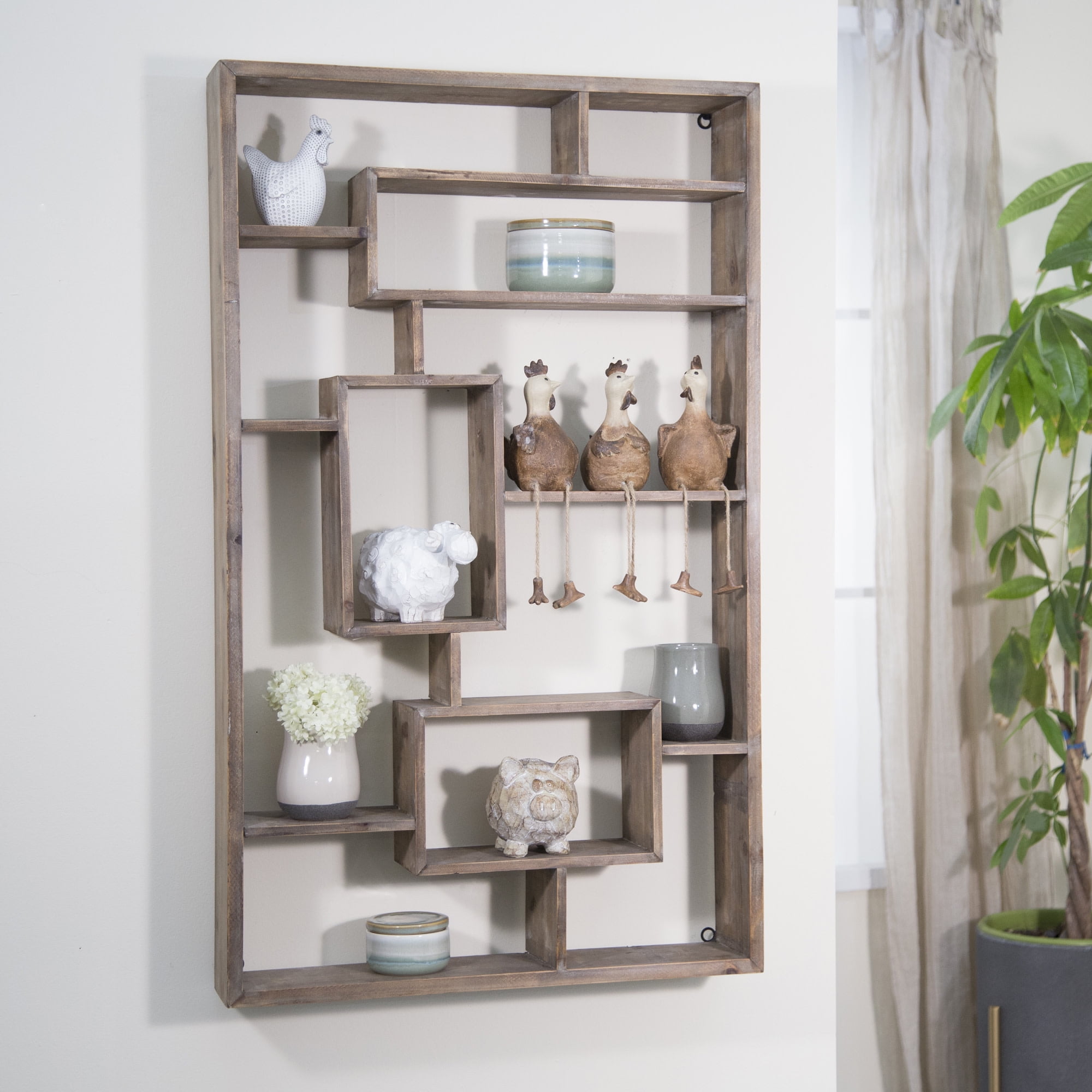 Brown Fir Wood Geometric Multi-Tier Wall Shelf