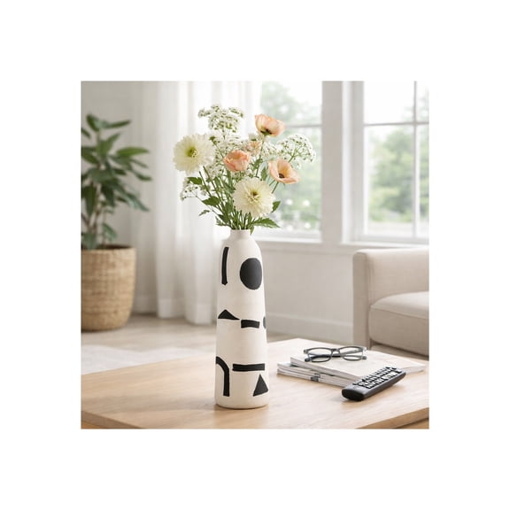 Tall Funky Vase for Living Room Decor - Ceramic Flower Vase for Home, Dining Room, Bedroom, House, and Office Styling - Boho Hand-Painted Abstract Design for Side Table - 15", Ivory & Black
