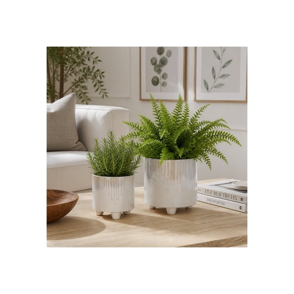 Modern Cylindrical Flower Pots for Home Decor - Planters and Stoneware Plant Pots with Pedestal Design for Outdoor and Indoor Plants - Garden Accent for Patio Display - Set of 2, 8", 6", Ivory & Tan
