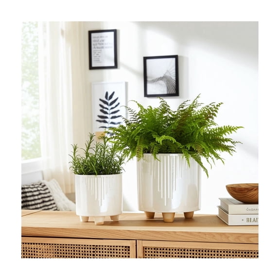 Modern Cylindrical Flower Pots for Home Decor - Planters and Stoneware Plant Pots with Pedestal Design for Outdoor and Indoor Plants - Garden Accent for Patio Display - Set of 2, 8", 6", Ivory & Tan